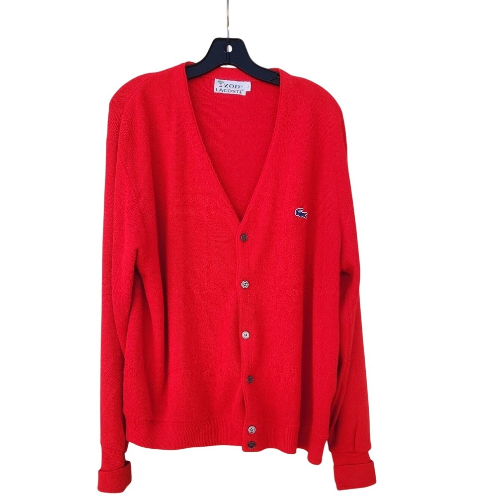 Vintage Izod Lacoste Cardigan Sweater Grandpa Large Retro Croc Logo USA Red